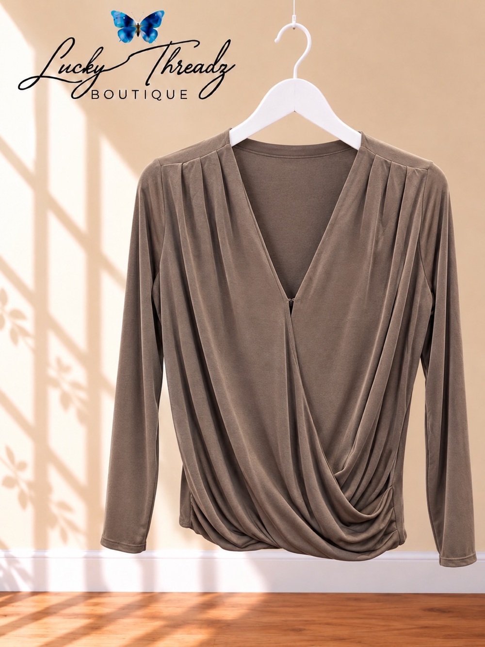 Banana Republic Taupe Draped Surplice Wrap Top Long Sleeve Modal S